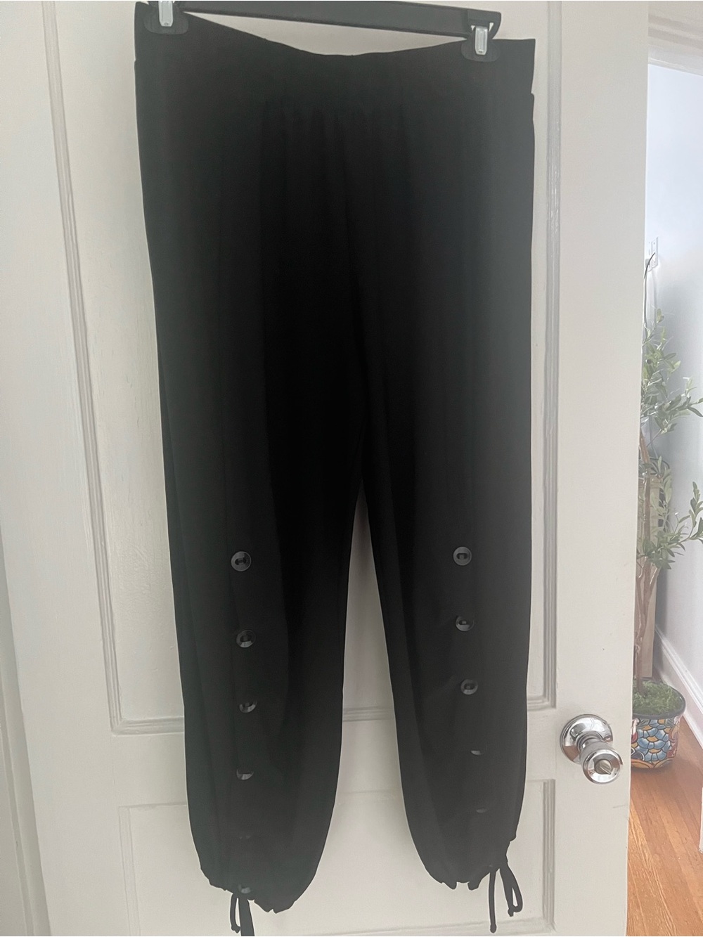 Black Drawstring Hem Cropped Pants with Button Detail
